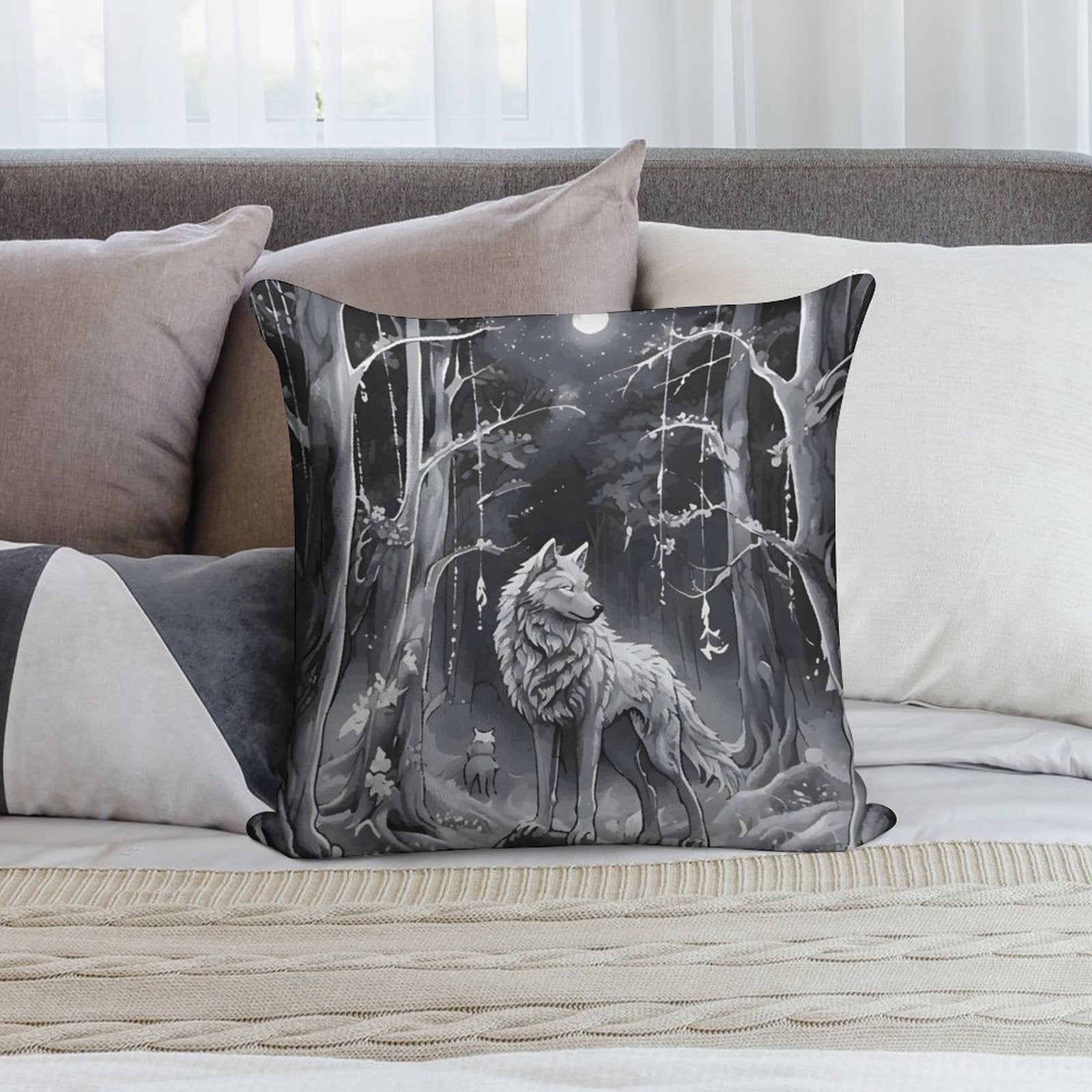 Decorative pillow with a wolf design on a couch