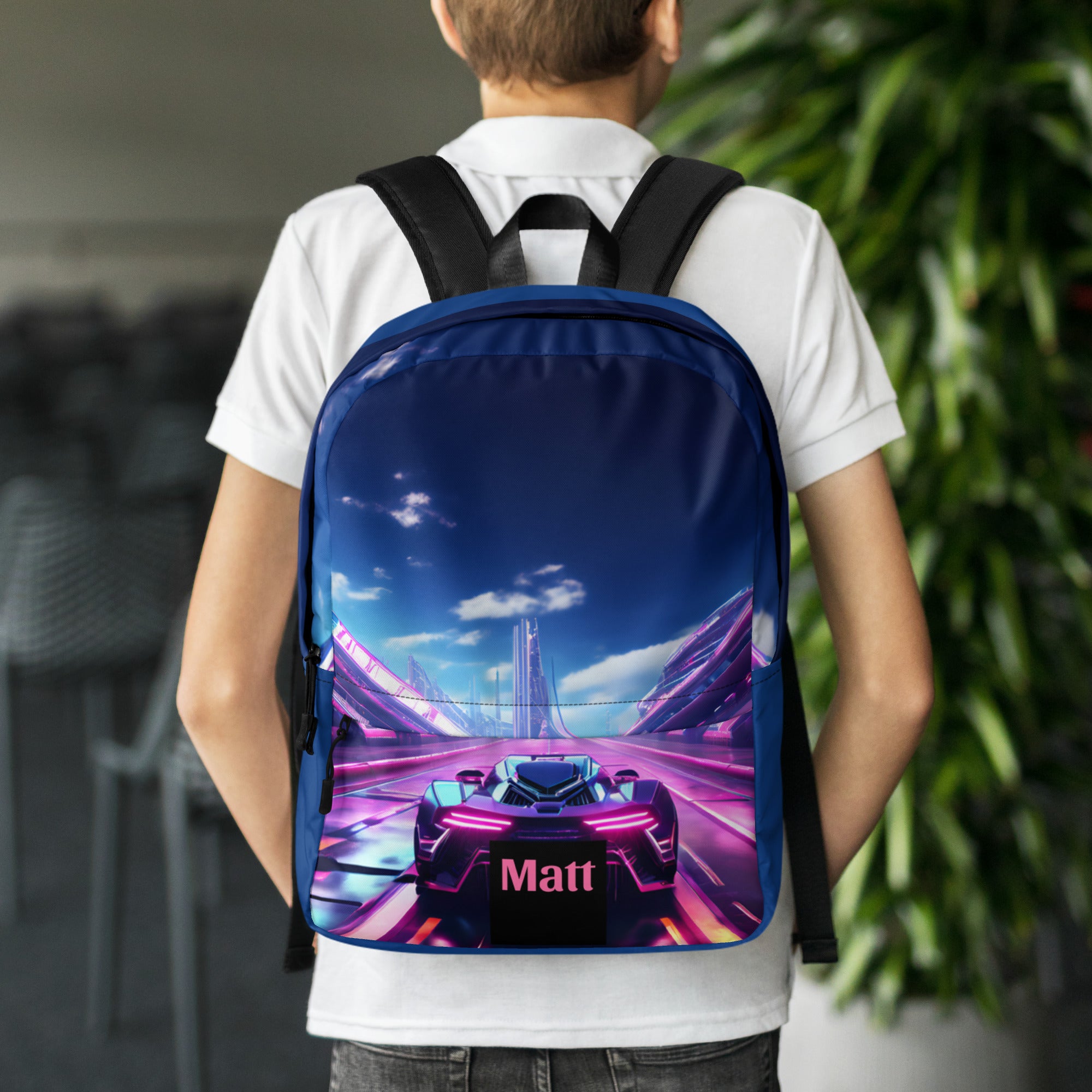 Neon Futuristic Race Car Backpack with Optional Personalization - Shell Design Boutique