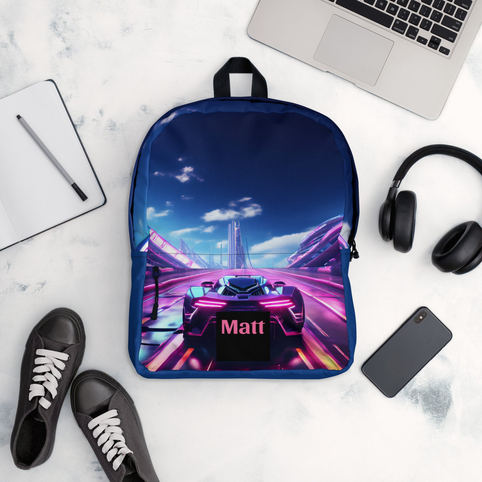 Neon Futuristic Race Car Backpack with Optional Personalization