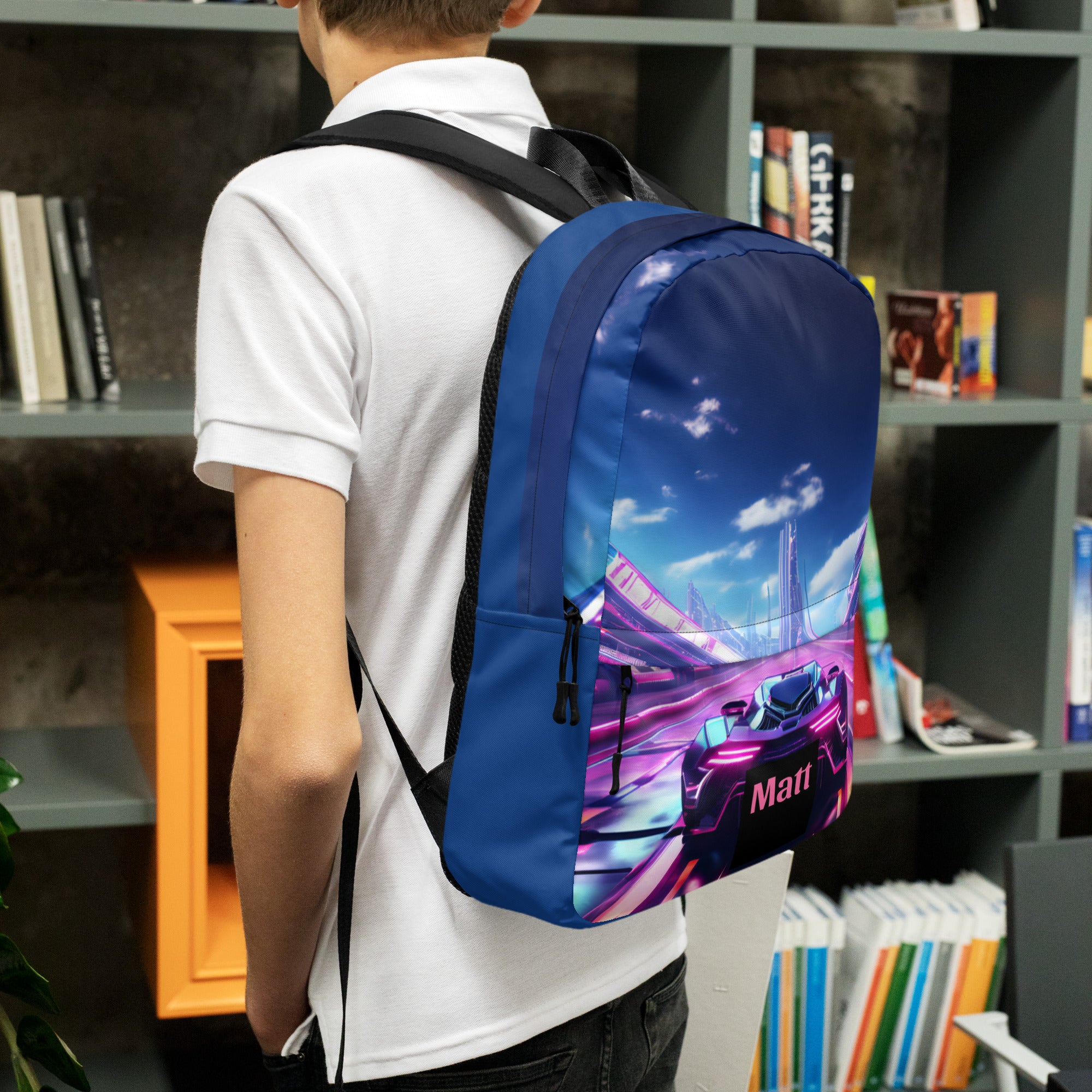 Neon Futuristic Race Car Backpack with Optional Personalization - Shell Design Boutique