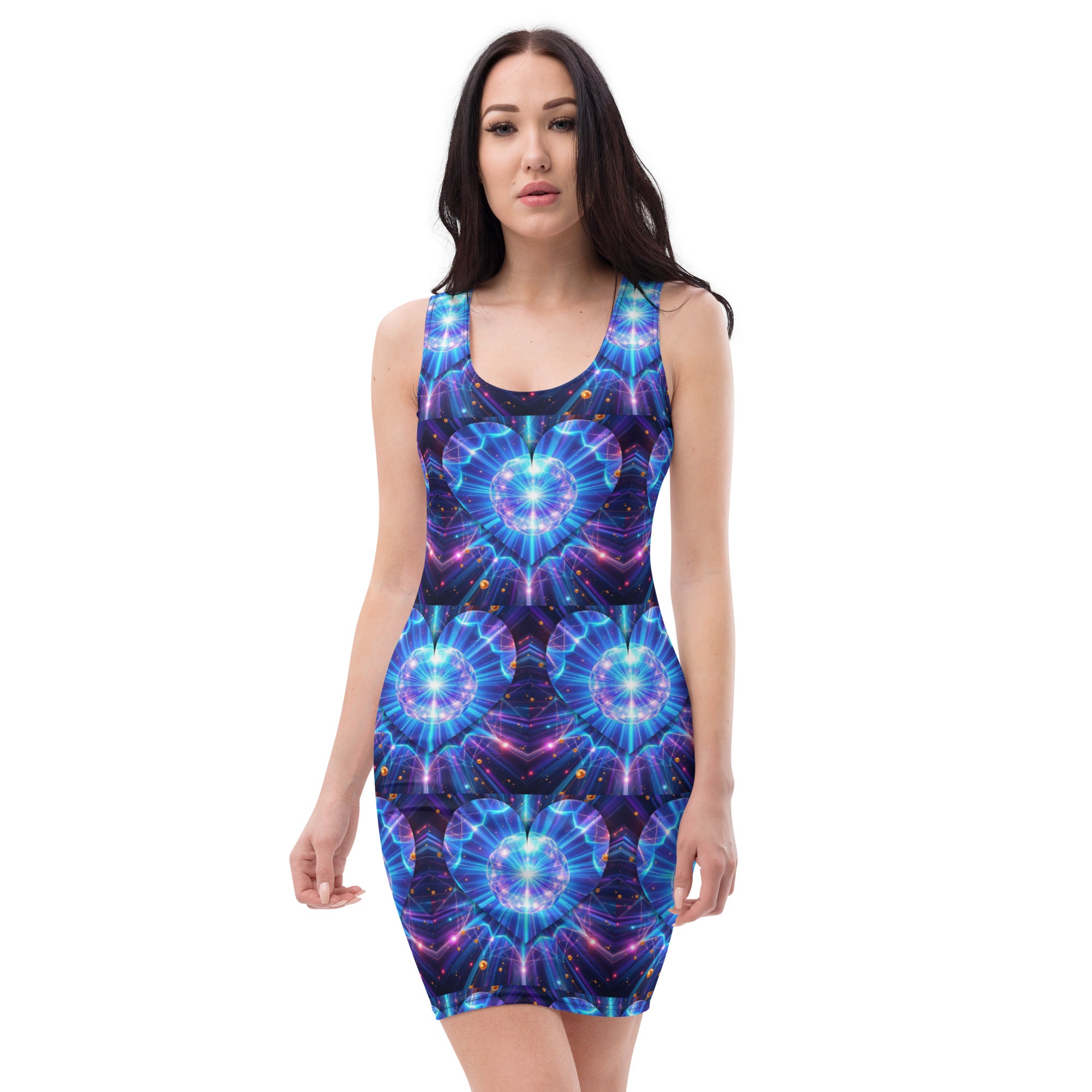 Women's Neon Bright Blue Star Pattern Fitted Short Dress L Women's Neon Bright Blue Star Pattern Fitted Short Dress L