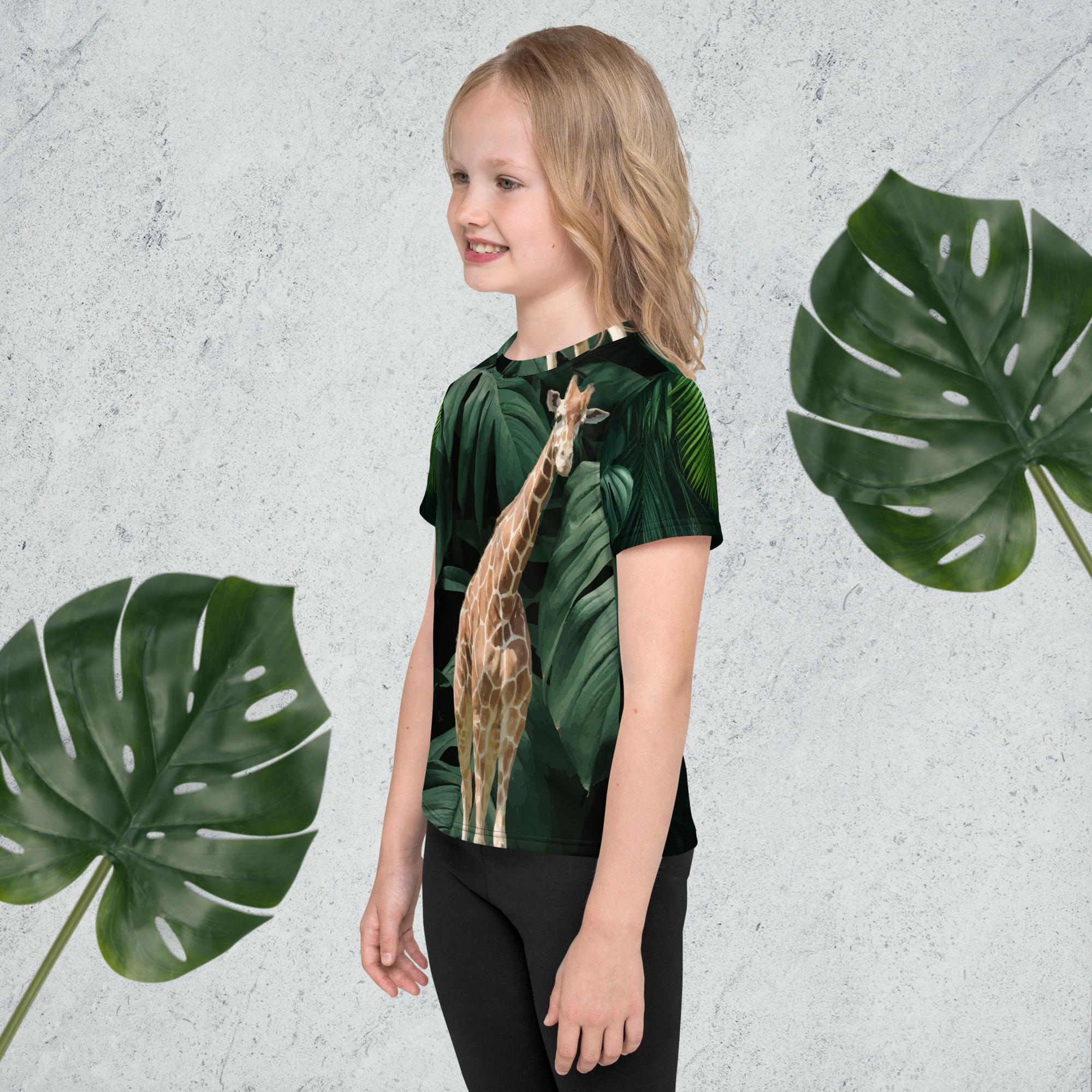 Kid's Giraffe Surrounded by Greenery Printed T-shirt