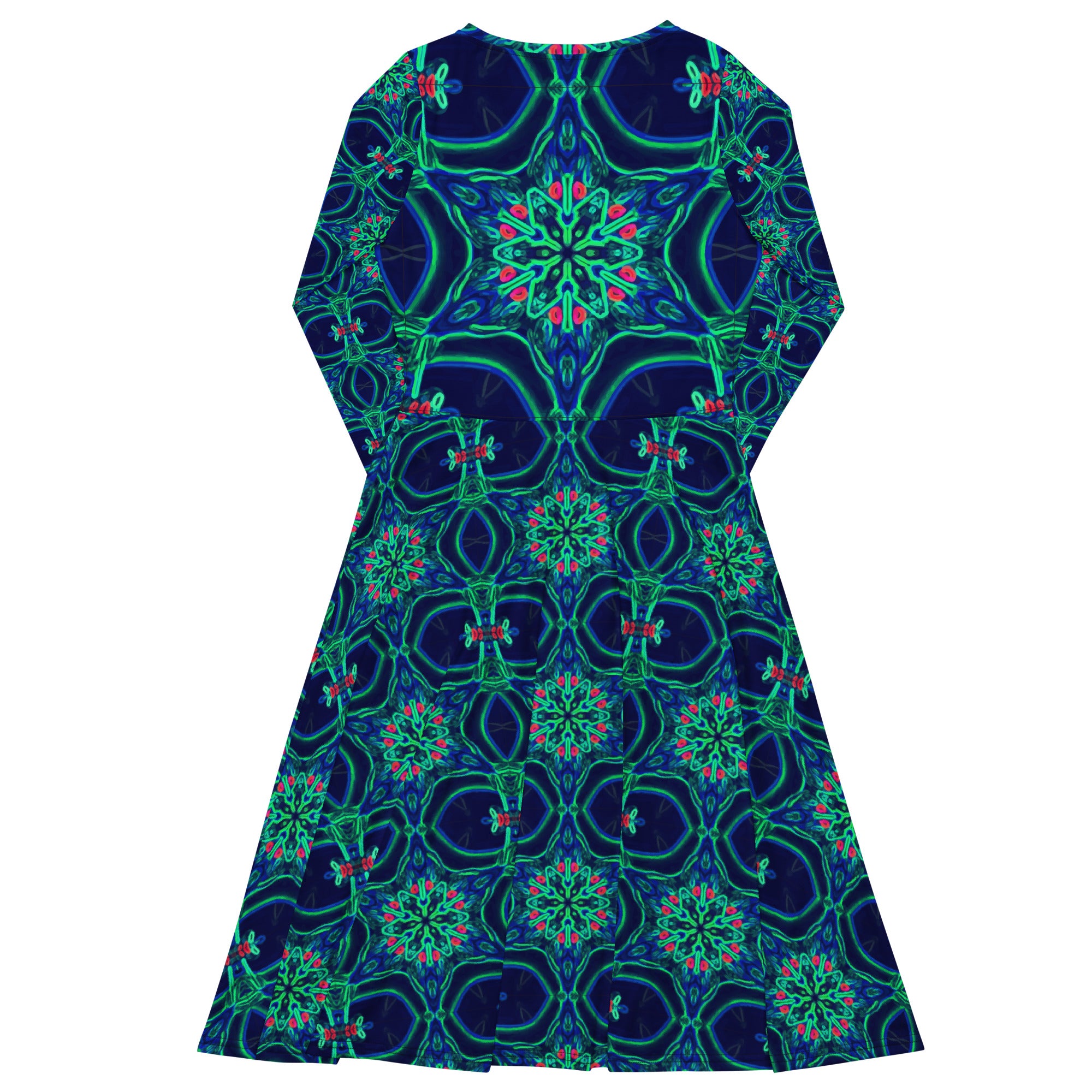 Green Star on Navy Blue Printed Long Sleeve Midi Dress