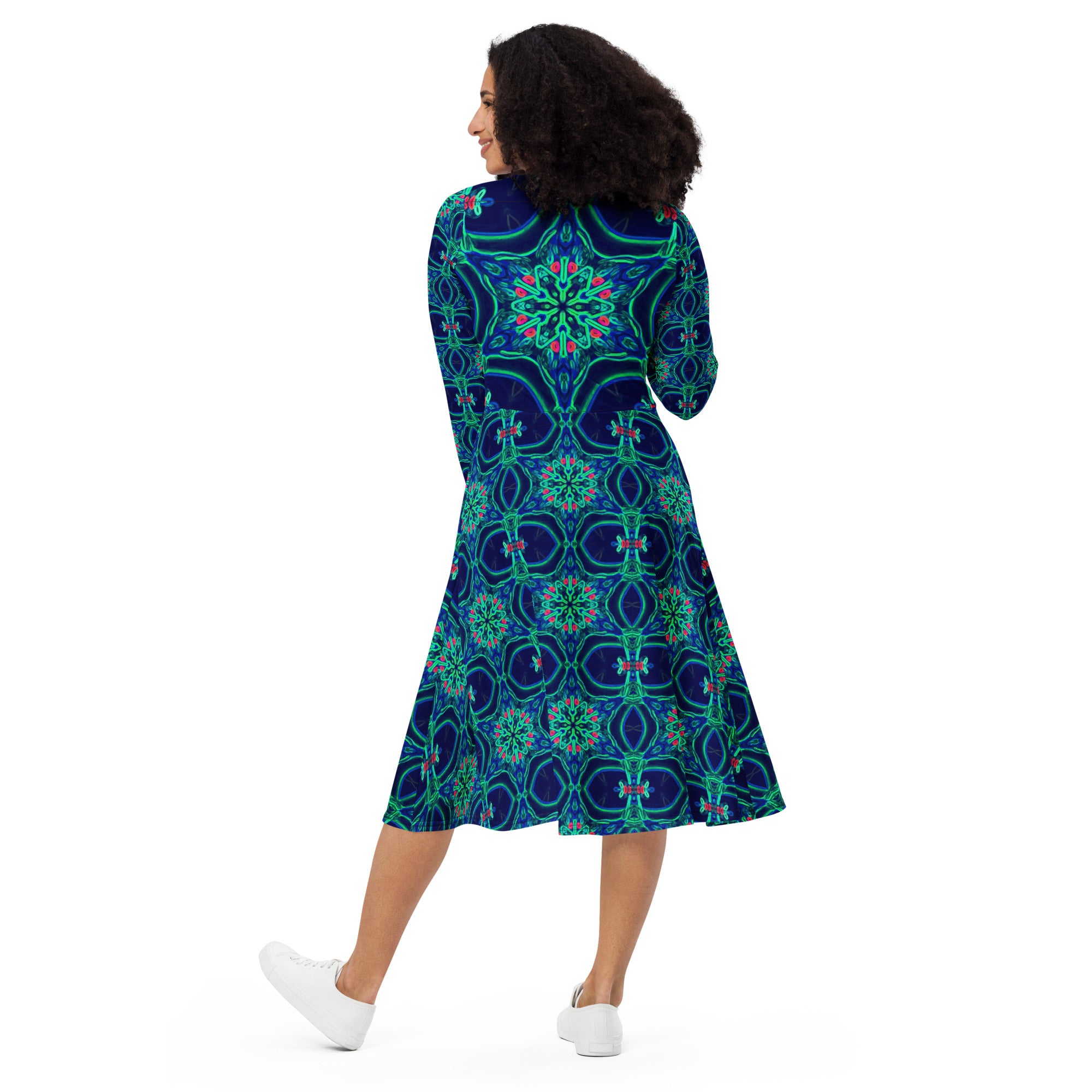 Green Star on Navy Blue Printed Long Sleeve Midi Dress