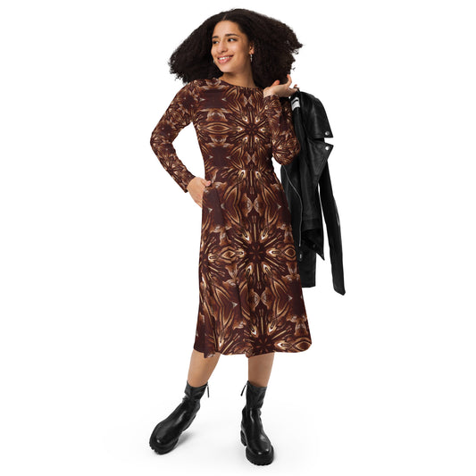 Steampunk Brown Printed Long Sleeve Midi Dress