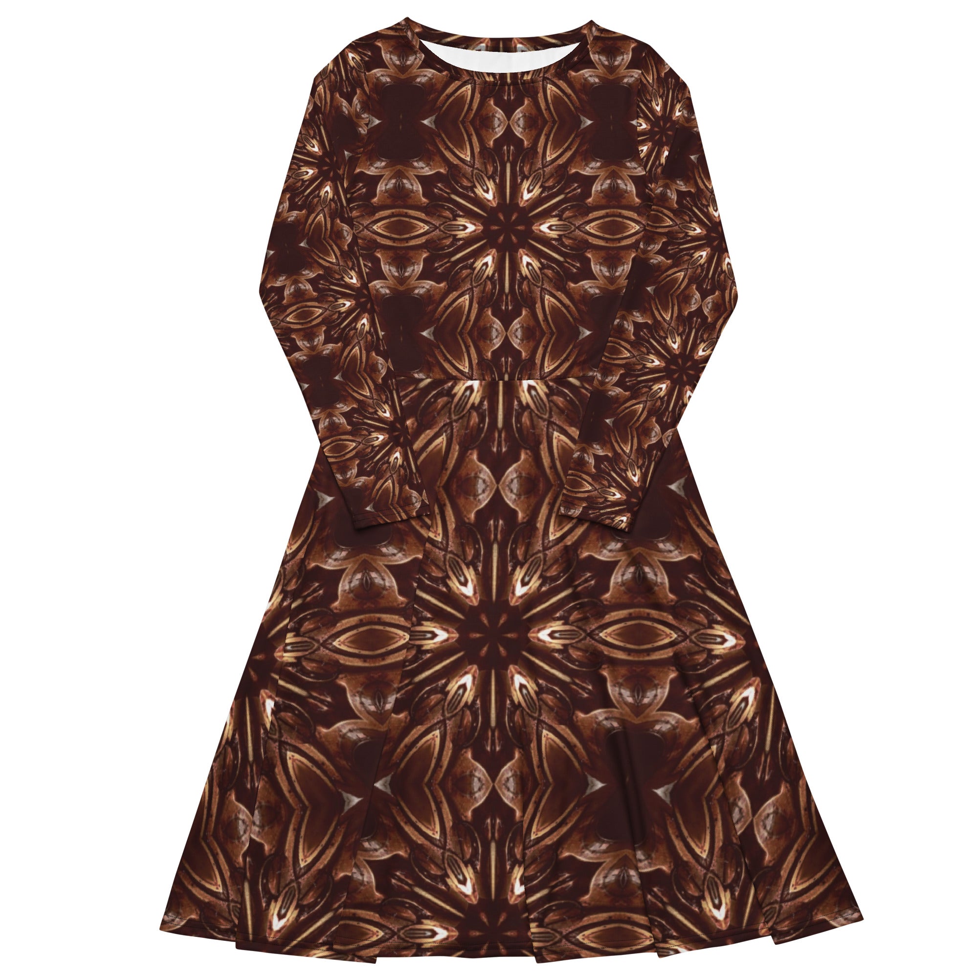 Steampunk Brown Printed Long Sleeve Midi Dress