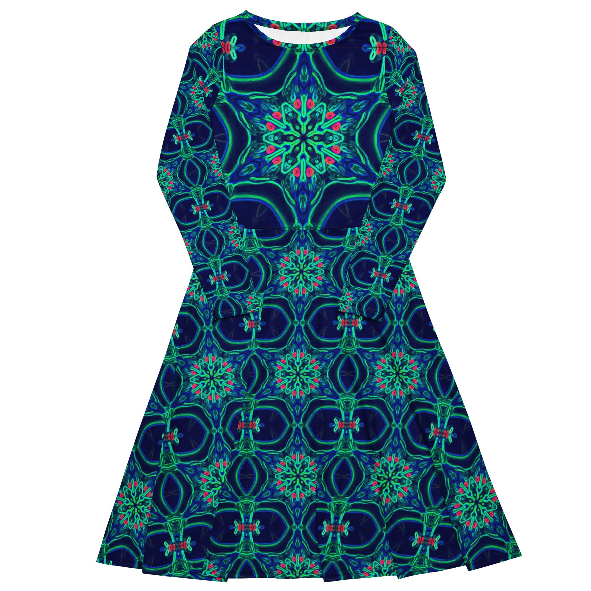 Green Star on Navy Blue Printed Long Sleeve Midi Dress