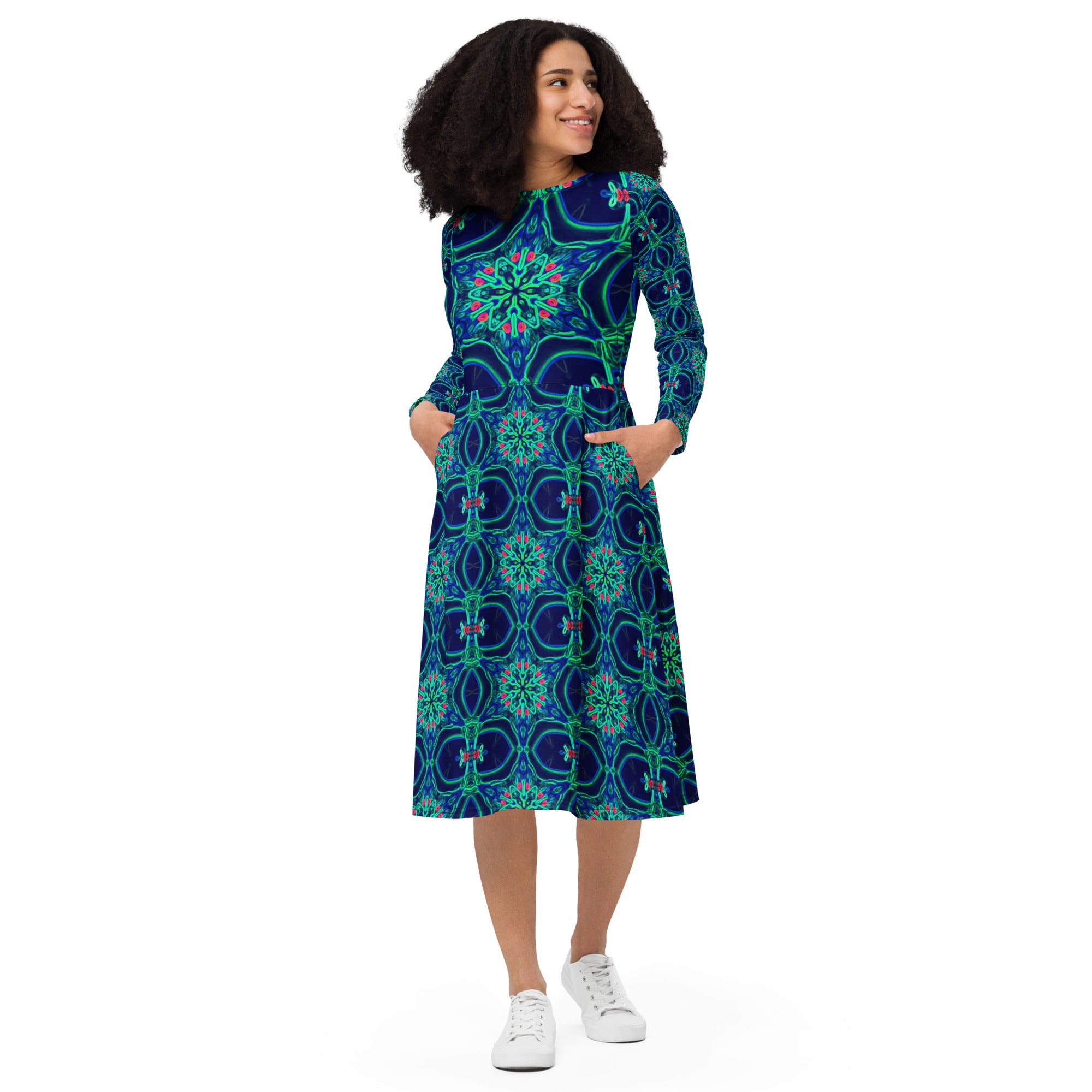 Green Star on Navy Blue Printed Long Sleeve Midi Dress