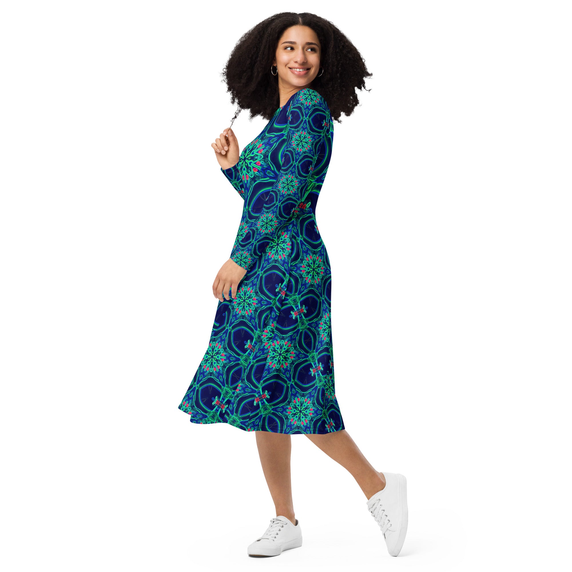 Green Star on Navy Blue Printed Long Sleeve Midi Dress