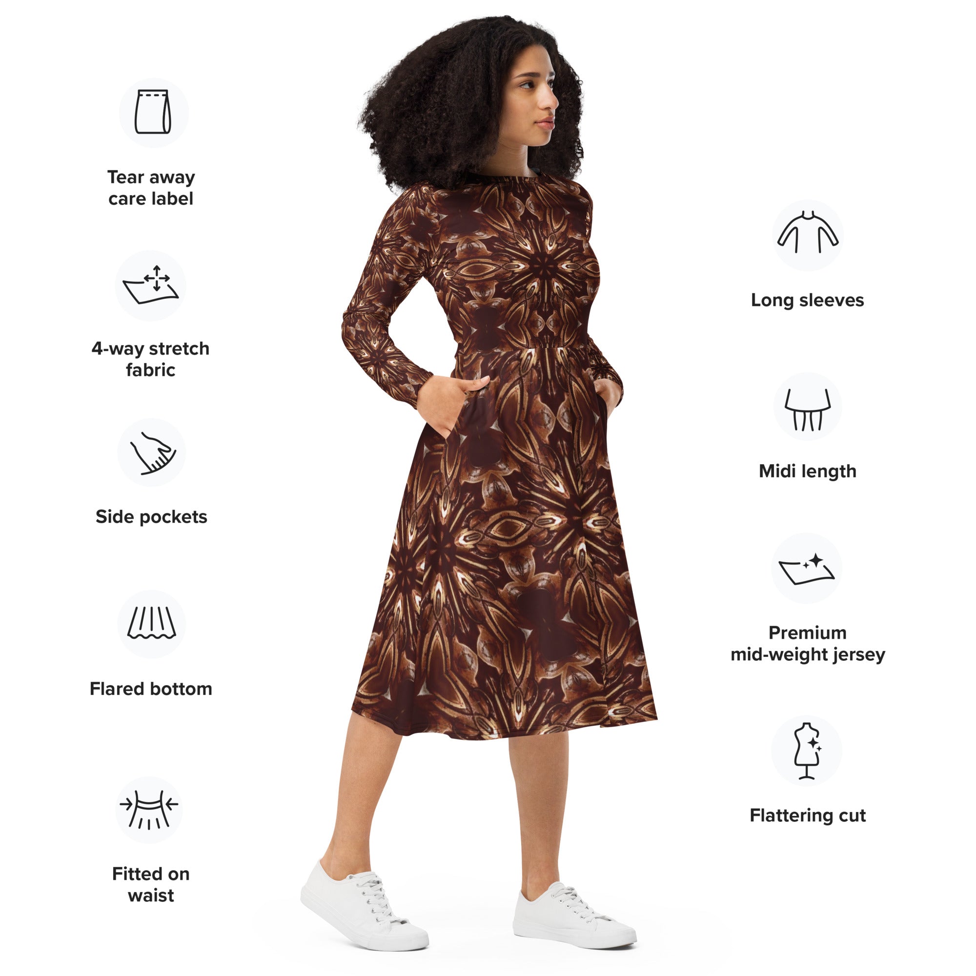 Steampunk Brown Printed Long Sleeve Midi Dress