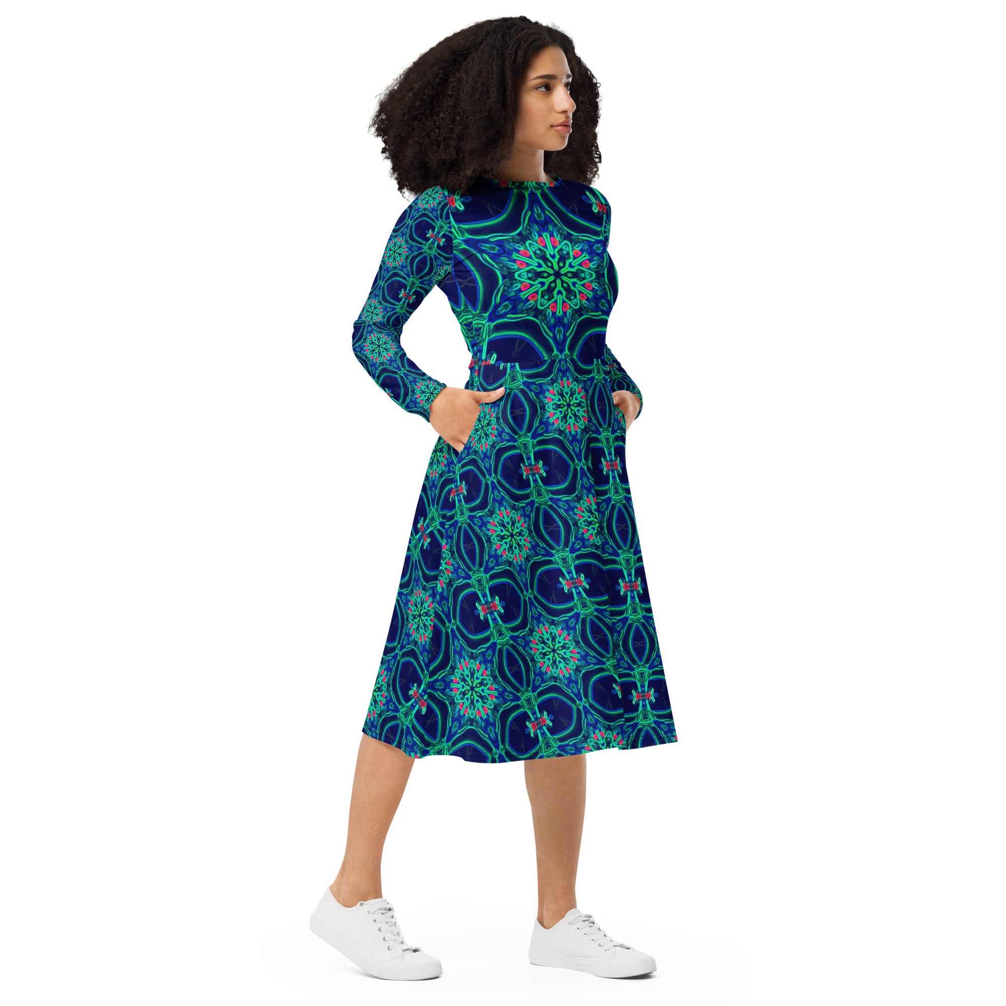 Green Star on Navy Blue Printed Long Sleeve Midi Dress