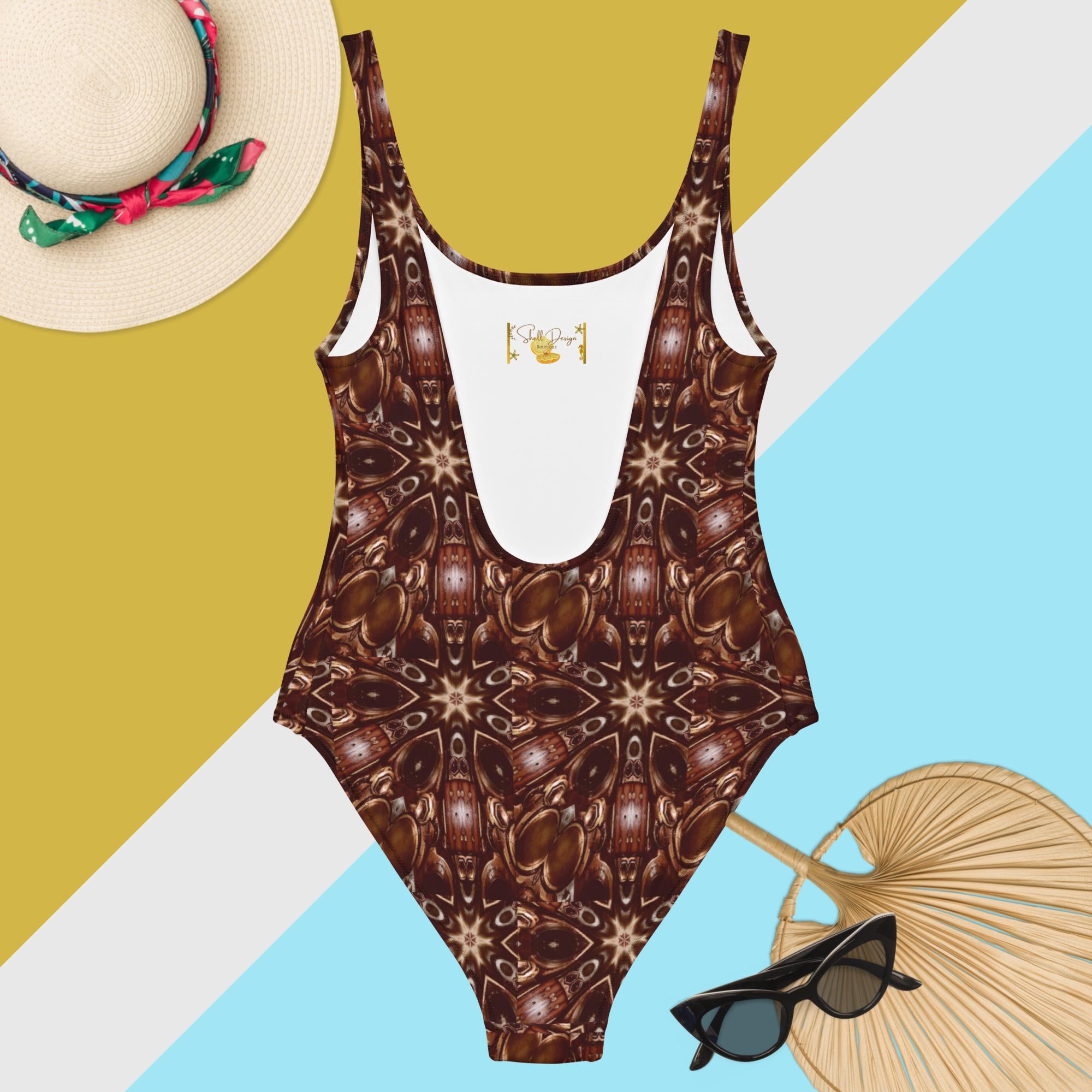 Brown and Beige Star Pattern One-Piece Swimsuit