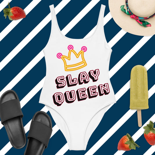 Crowned Slay Queen White One-Piece Swimsuit