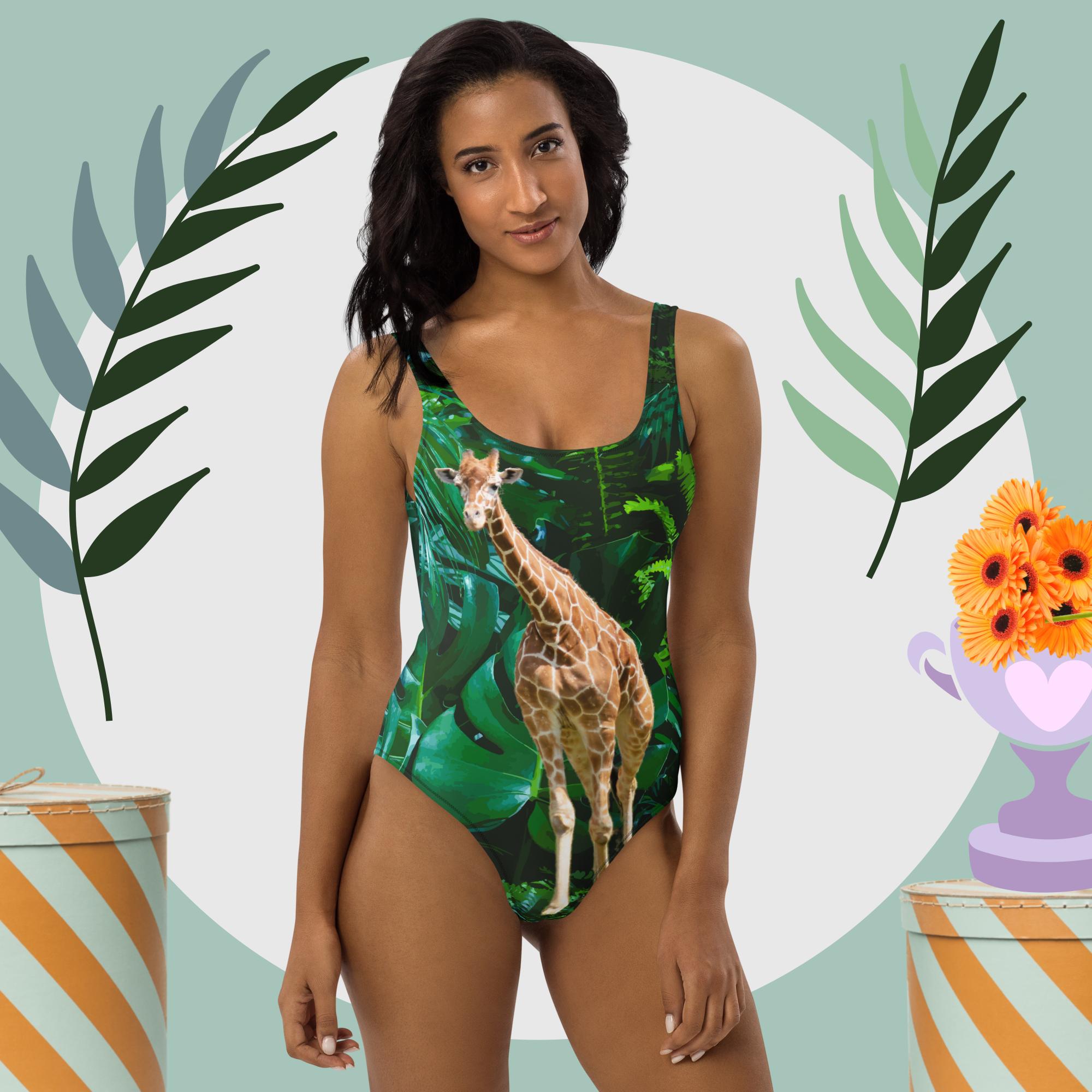 Tall Giraffe Surrounded by Greenery One-Piece Swimsuit