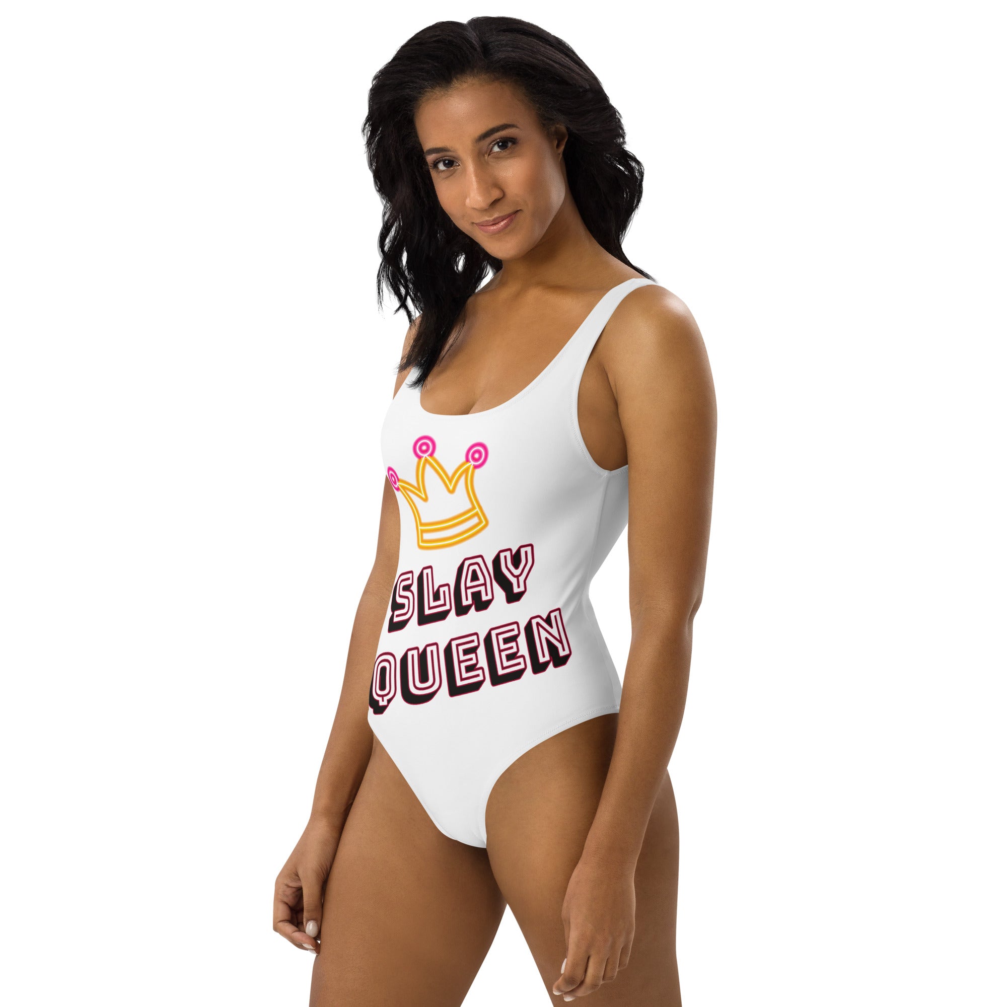 Crowned Slay Queen White One-Piece Swimsuit
