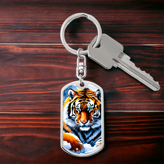 Llavero con placa de identificación con gráfico de tigre feroz