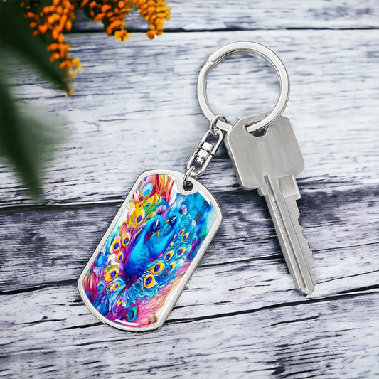 Llavero con placa de identificación para perro con diseño de pavos reales de colores