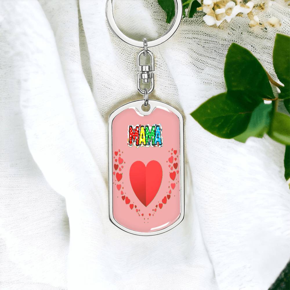 Mama with Hearts on Pink Graphic Dog Tags Keychain