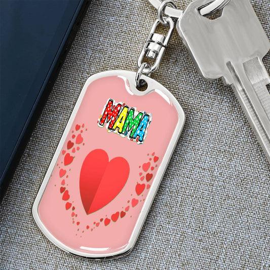 Mama with Hearts on Pink Graphic Dog Tags Keychain