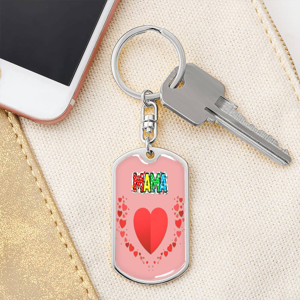 Mama with Hearts on Pink Graphic Dog Tags Keychain