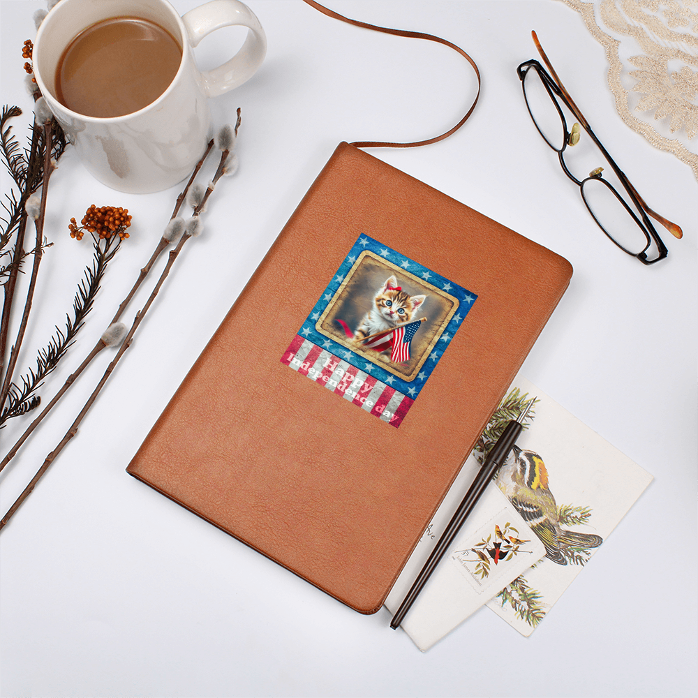Happy Independence Day Patriotic Kitten Graphic Vegan Leather Journal