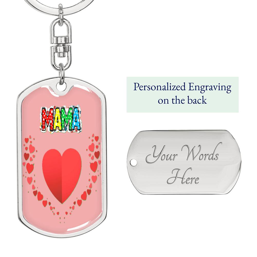 Mama with Hearts on Pink Graphic Dog Tags Keychain