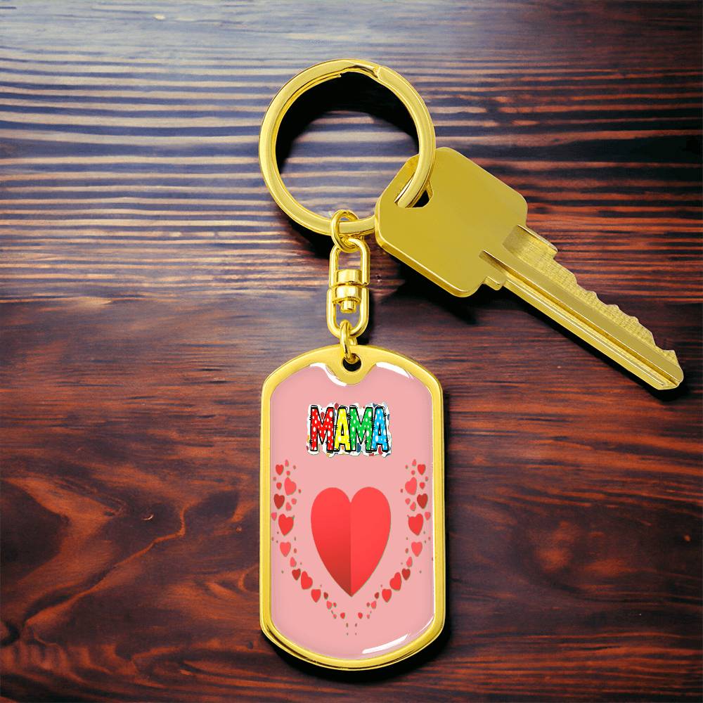 Mama with Hearts on Pink Graphic Dog Tags Keychain