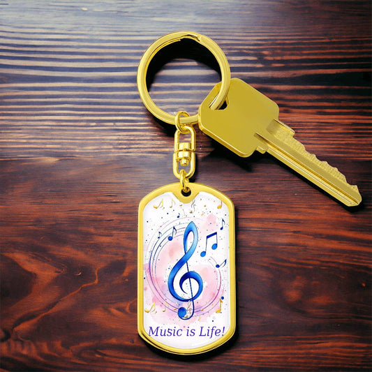 Llavero con placa de identificación con notas musicales "La música es vida"