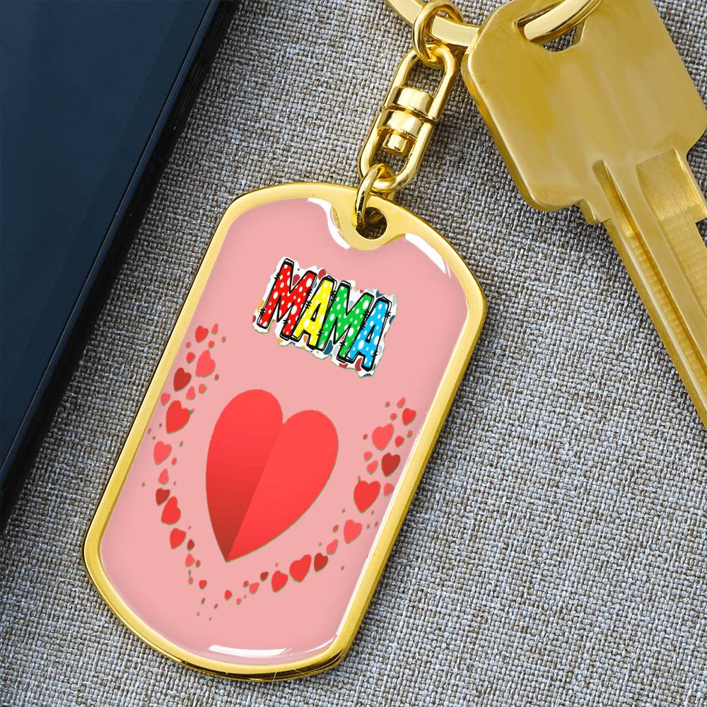 Mama with Hearts on Pink Graphic Dog Tags Keychain