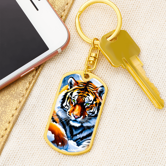 Llavero con placa de identificación con gráfico de tigre feroz