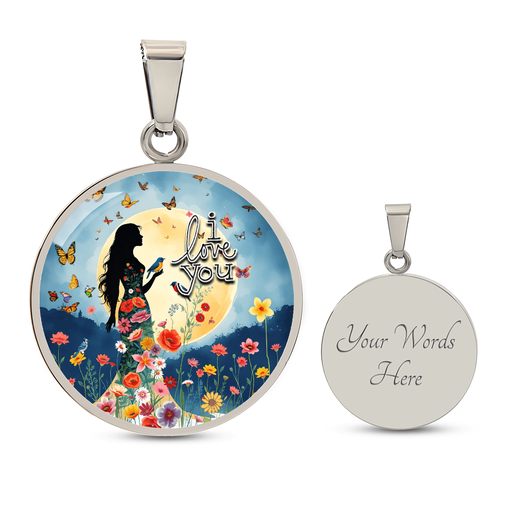 I Love You Beautiful Woman Under a Full Moon Graphic Round Necklace