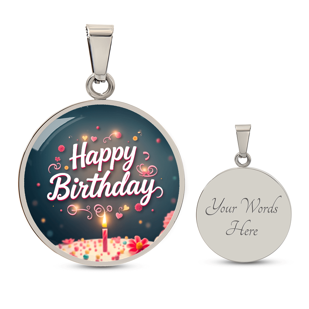Happy Birthday Cake with Candle Circle Graphic Necklace