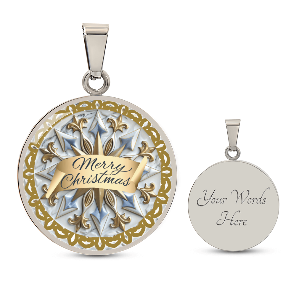 Light Blue with Gold Trim Merry Christmas Graphic Round Necklace