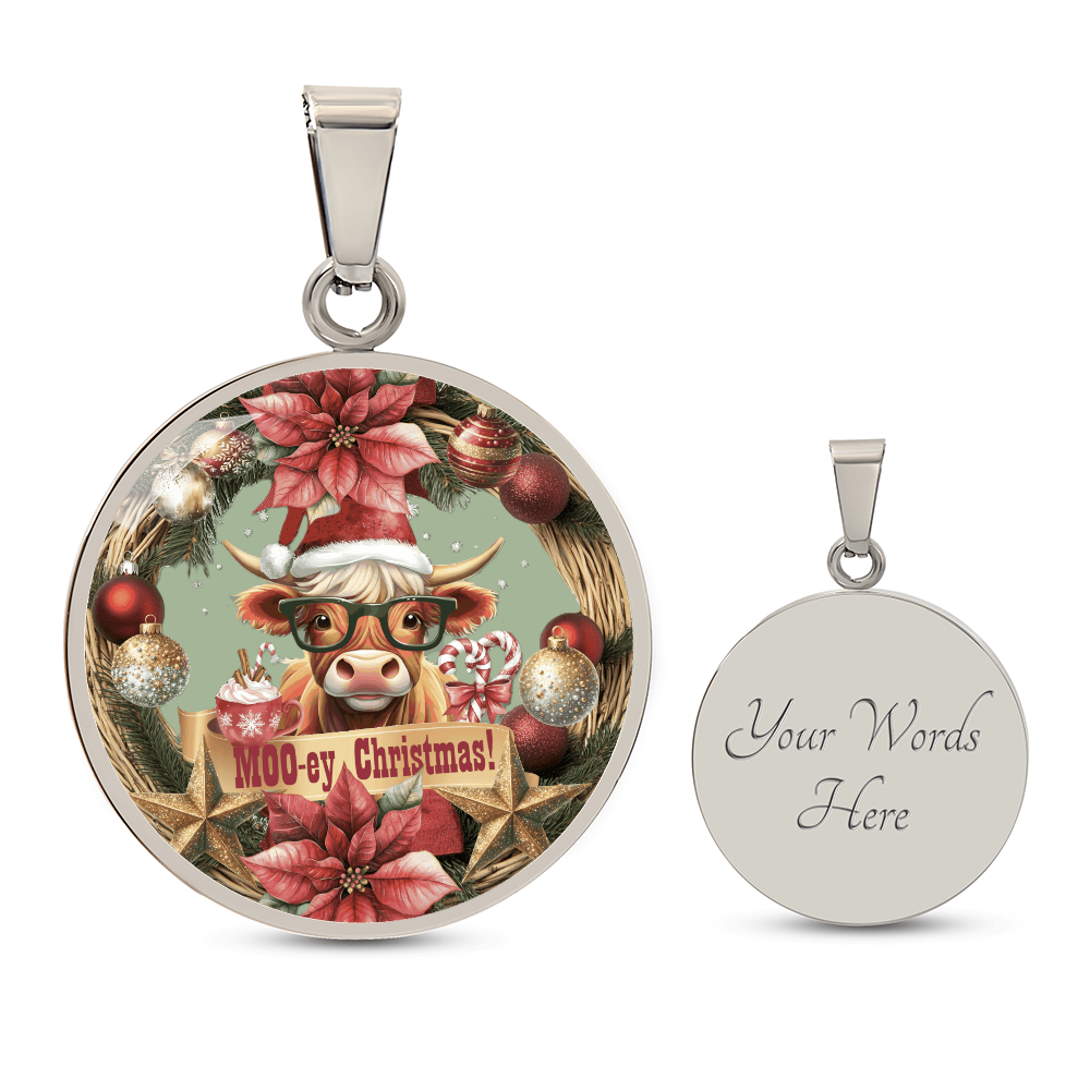 Moo-ey Christmas Highland Cow Luxury Graphic Round Necklace