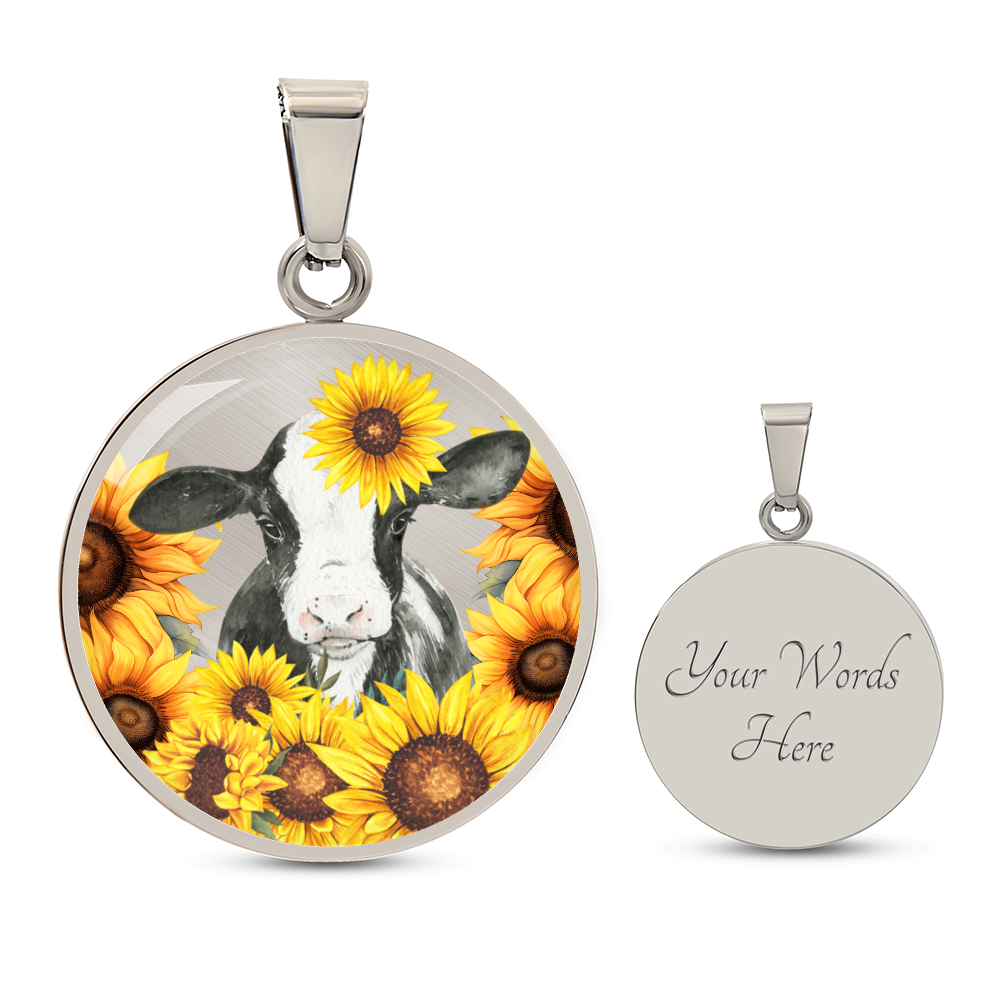Cute Little Cow Surrounded by Sunflowers Circle Graphic Necklace