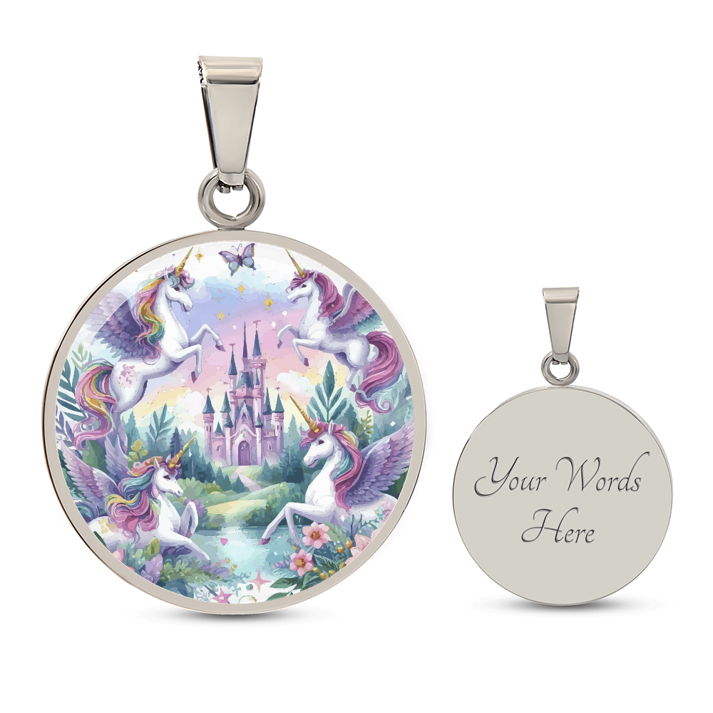Purple Unicorns and Castle Graphic Circle Necklace