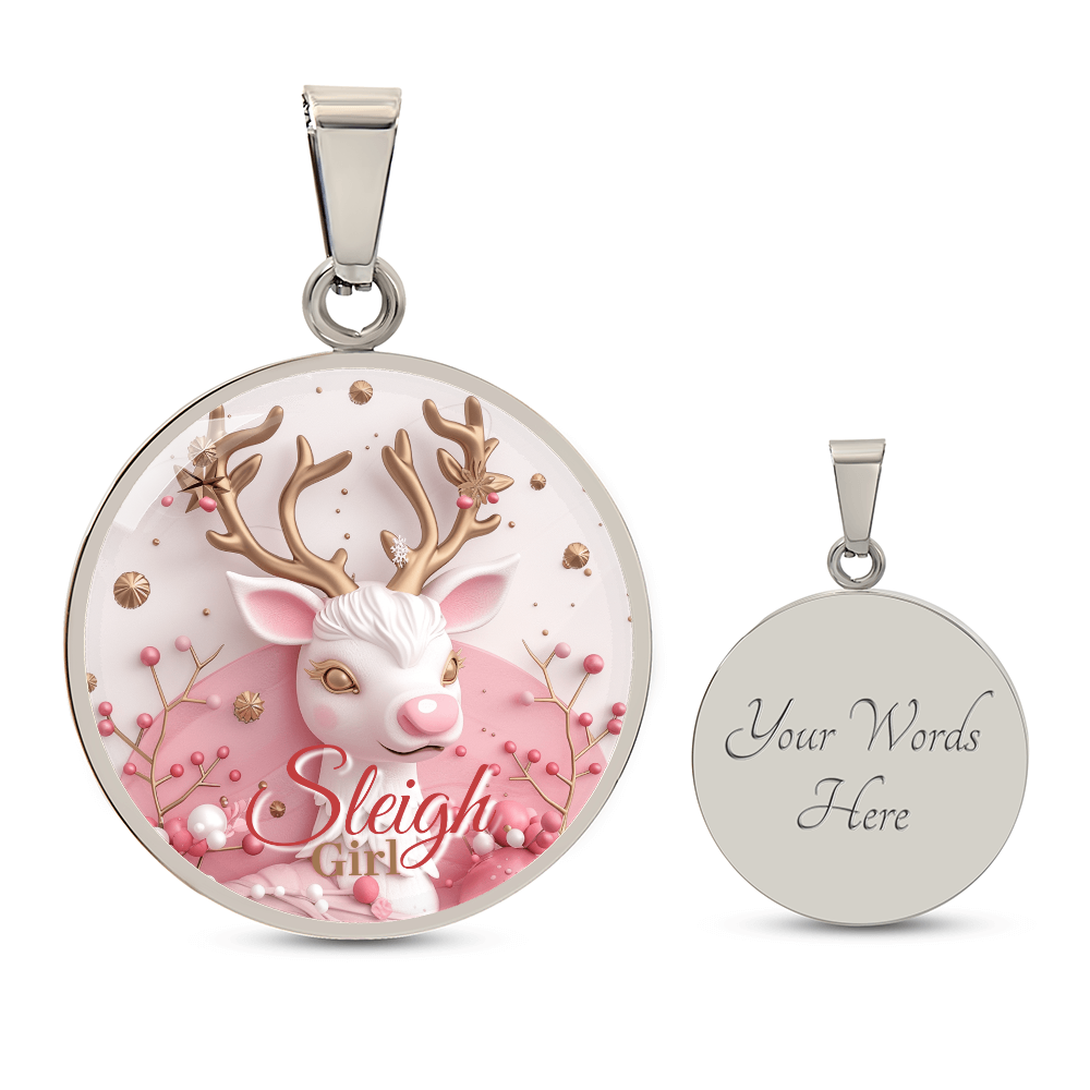 Christmas Pink Sleigh Girl Cute Reindeer Graphic Round Necklace