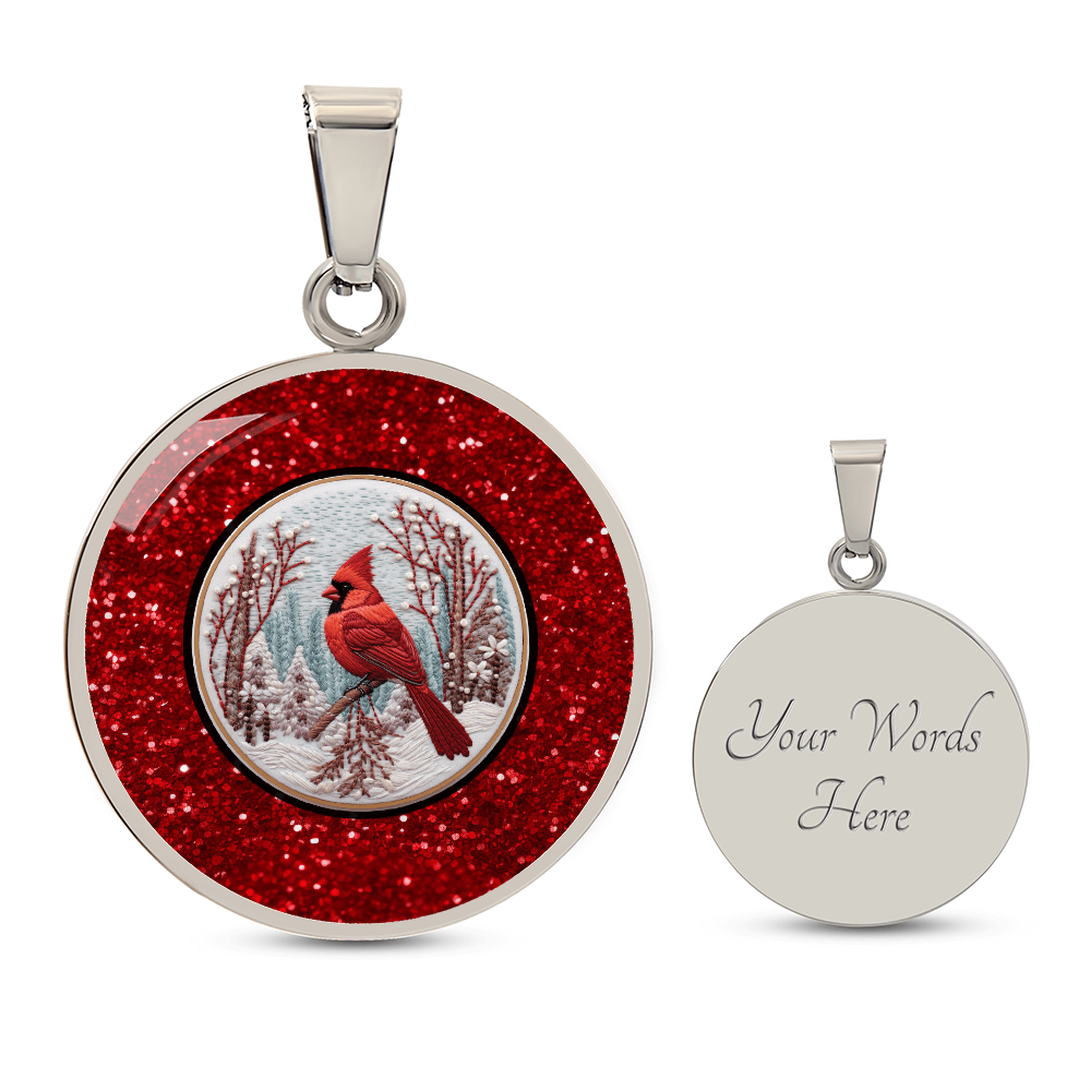 Red Bird in the Snow Faux Glitter Graphic Round Necklace