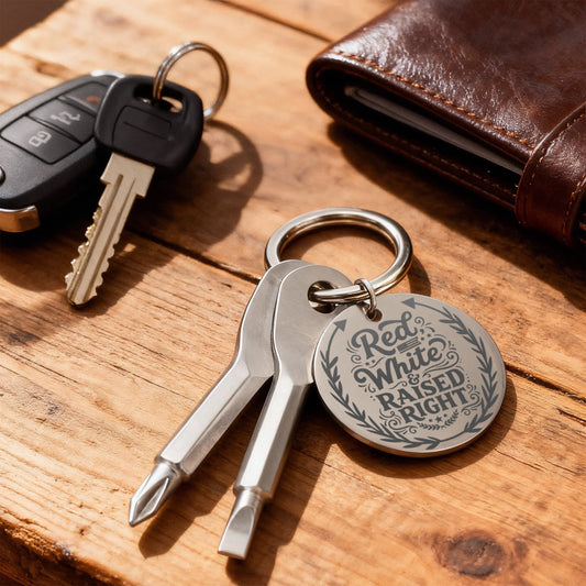 Red White & Raised Right Screwdriver Set Engraved Keychain