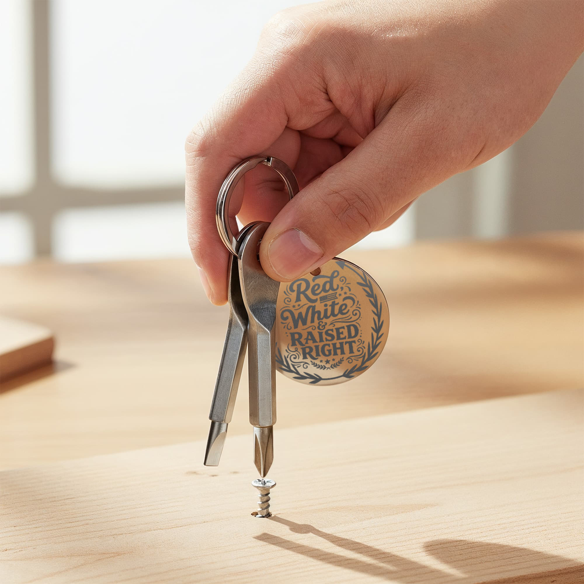 Red White & Raised Right Screwdriver Set Engraved Keychain