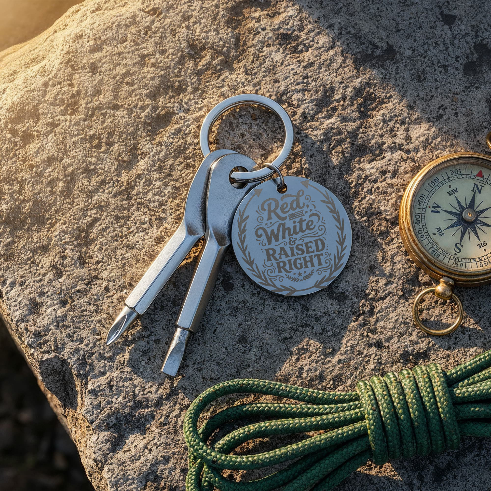 Red White & Raised Right Screwdriver Set Engraved Keychain