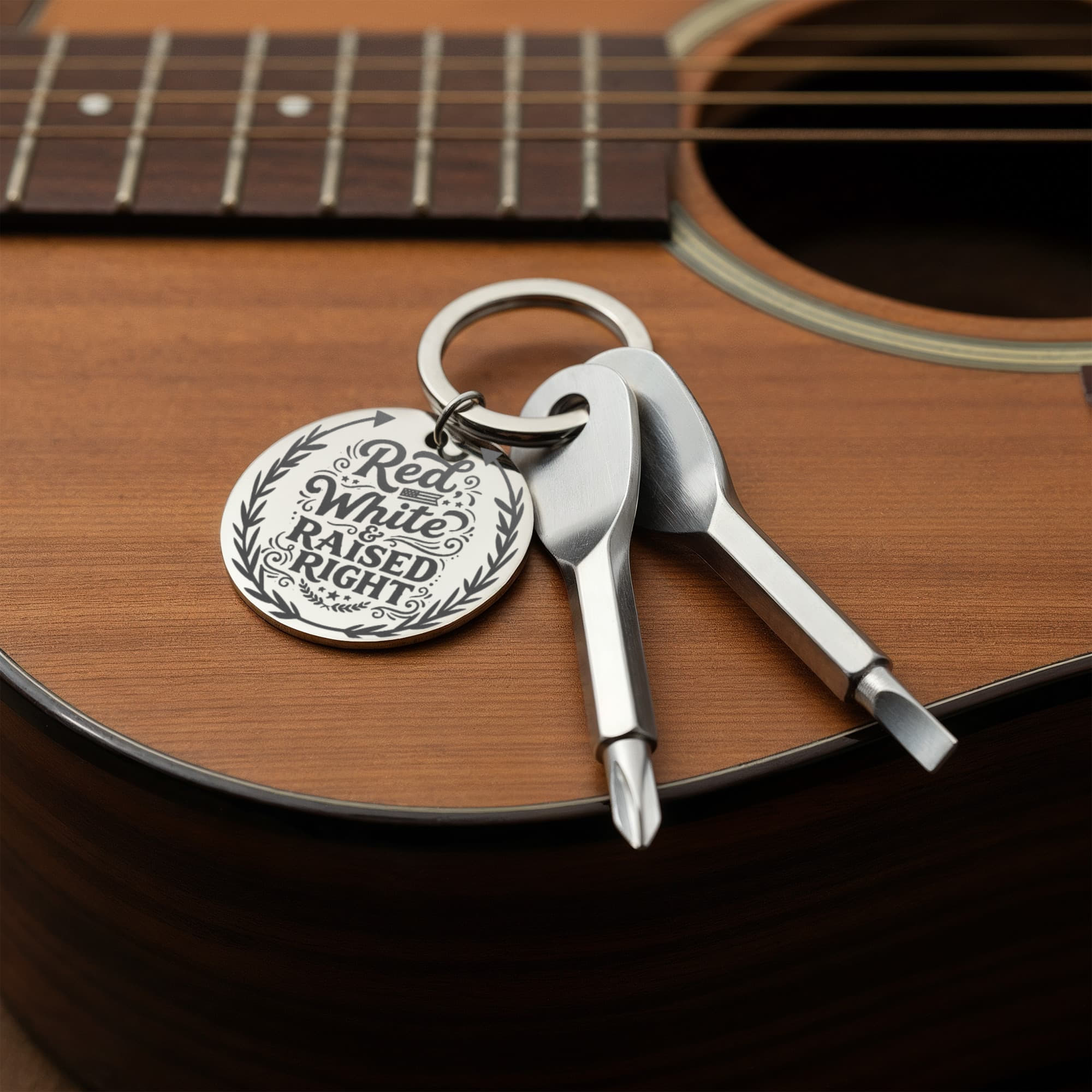 Red White & Raised Right Screwdriver Set Engraved Keychain