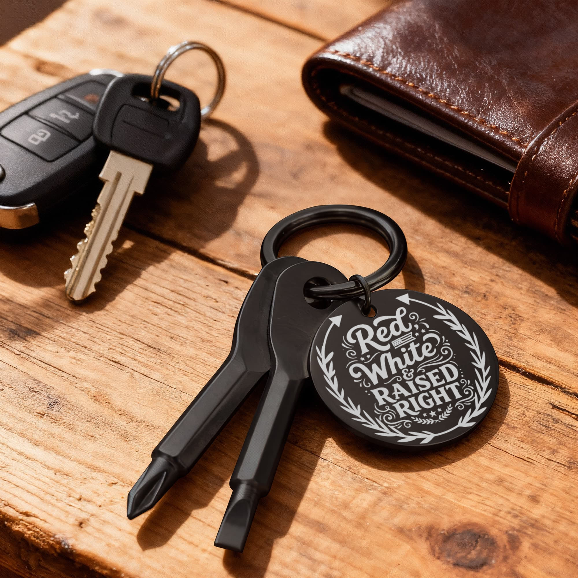 Red White & Raised Right Screwdriver Set Engraved Keychain