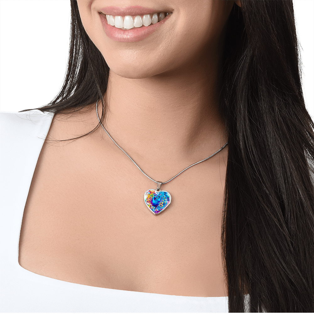 Colorful Peacocks Heart Shaped Graphic Necklace