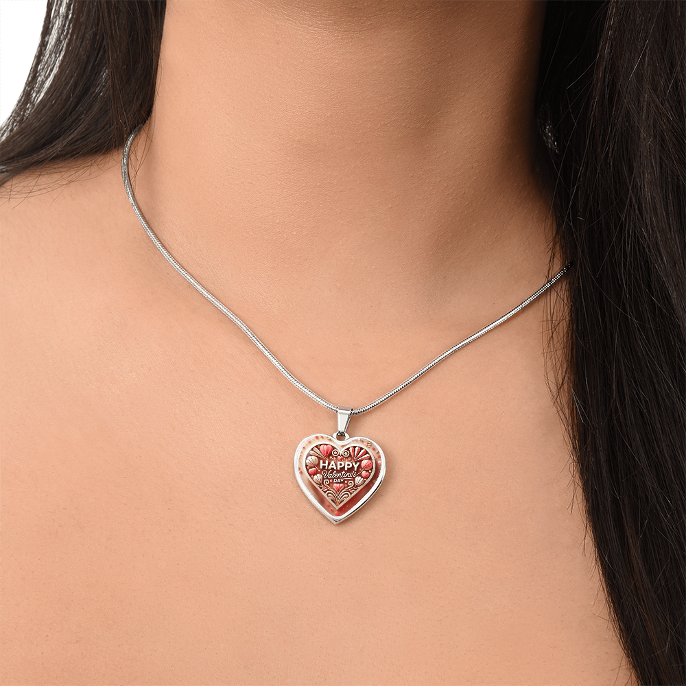 Happy Valentine's Day Wooden Look Heart Shaped Graphic Necklace