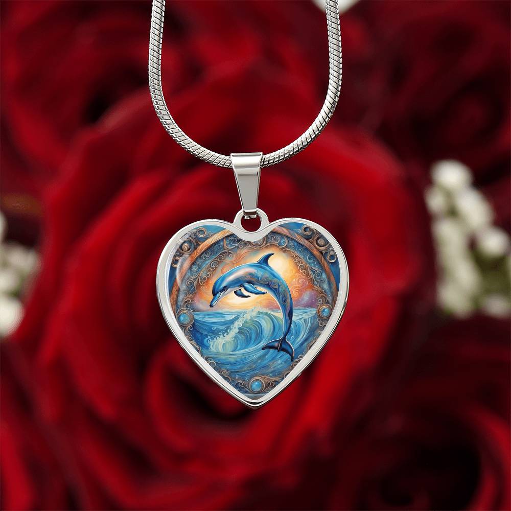 Playful Dolphin Heart Shaped Pendant and Necklace