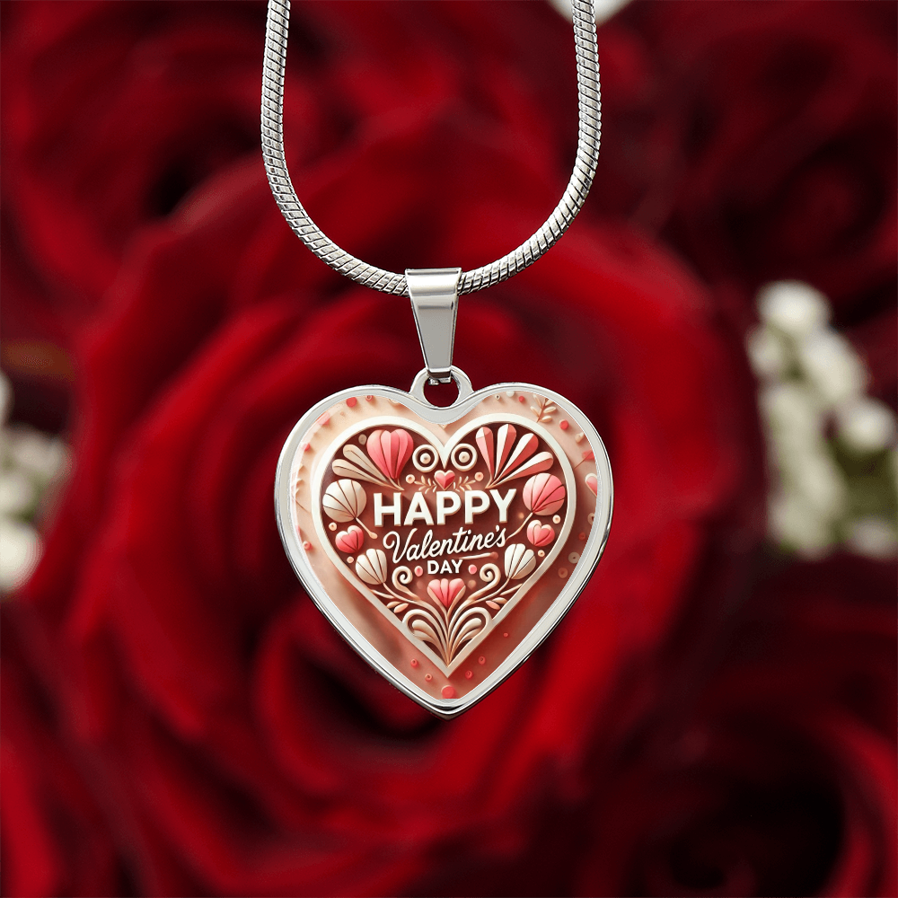 Happy Valentine's Day Wooden Look Heart Shaped Graphic Necklace