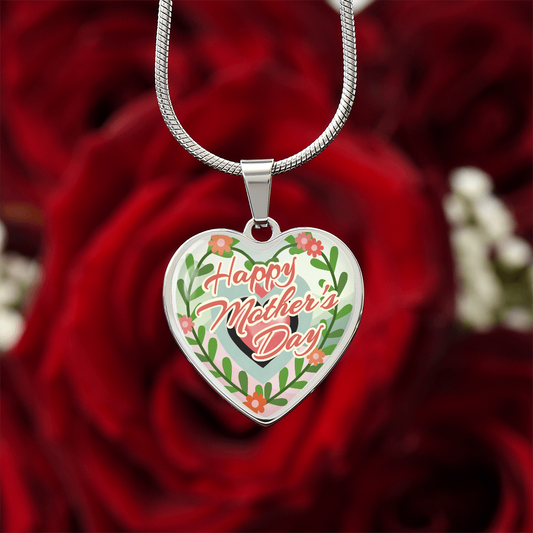 Happy Mother's Day Floral Heart Shaped Graphic Necklace