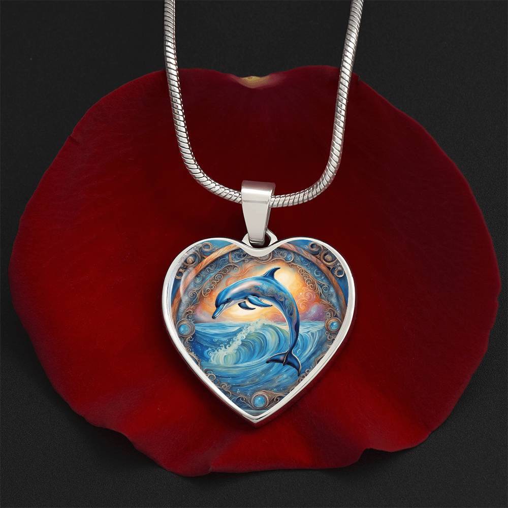 Playful Dolphin Heart Shaped Pendant and Necklace