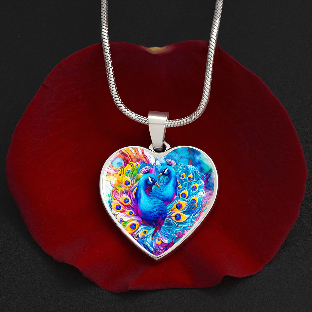 Colorful Peacocks Heart Shaped Graphic Necklace